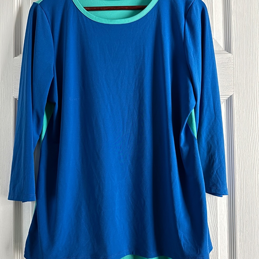 Susan Graver Women's 3/4 Sleeve Blue Green Hi Lo Top Size M NWOT